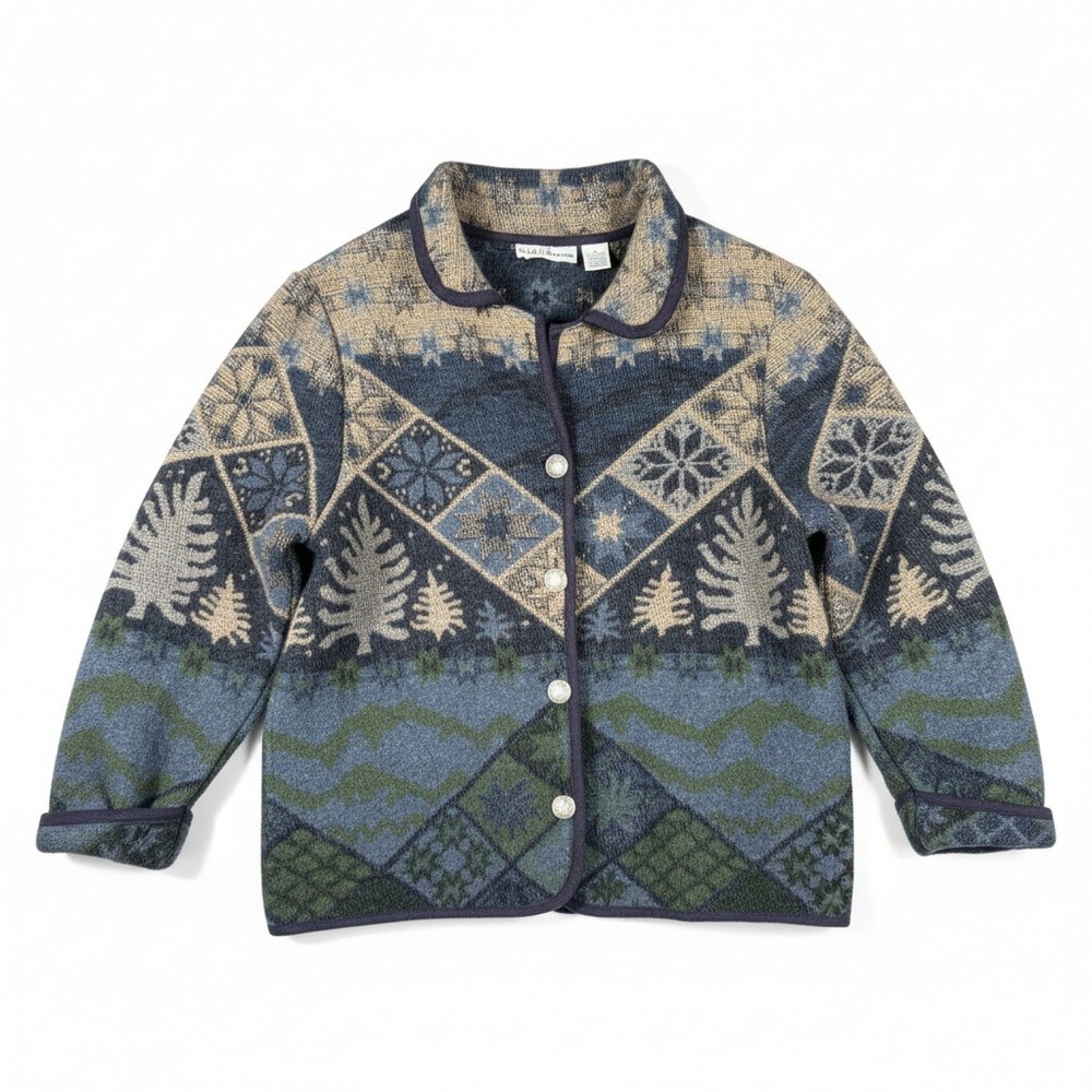 Croft & Borrow Wool Blend Cardigan Jacket Blue Tan Nature Print Womens Sz M‎